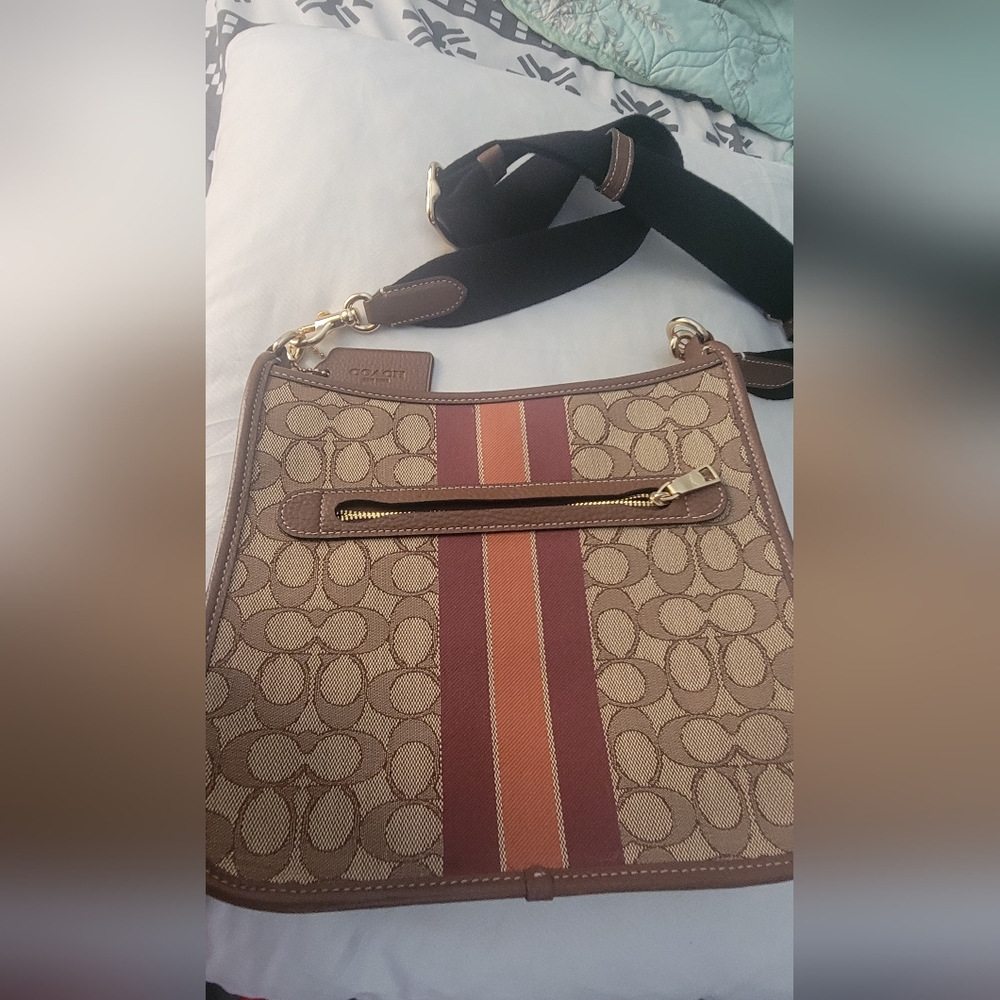 Coach Tan Signature Canvas Crossbody with Red Stripe Bag NEW - Picture 2 of 4